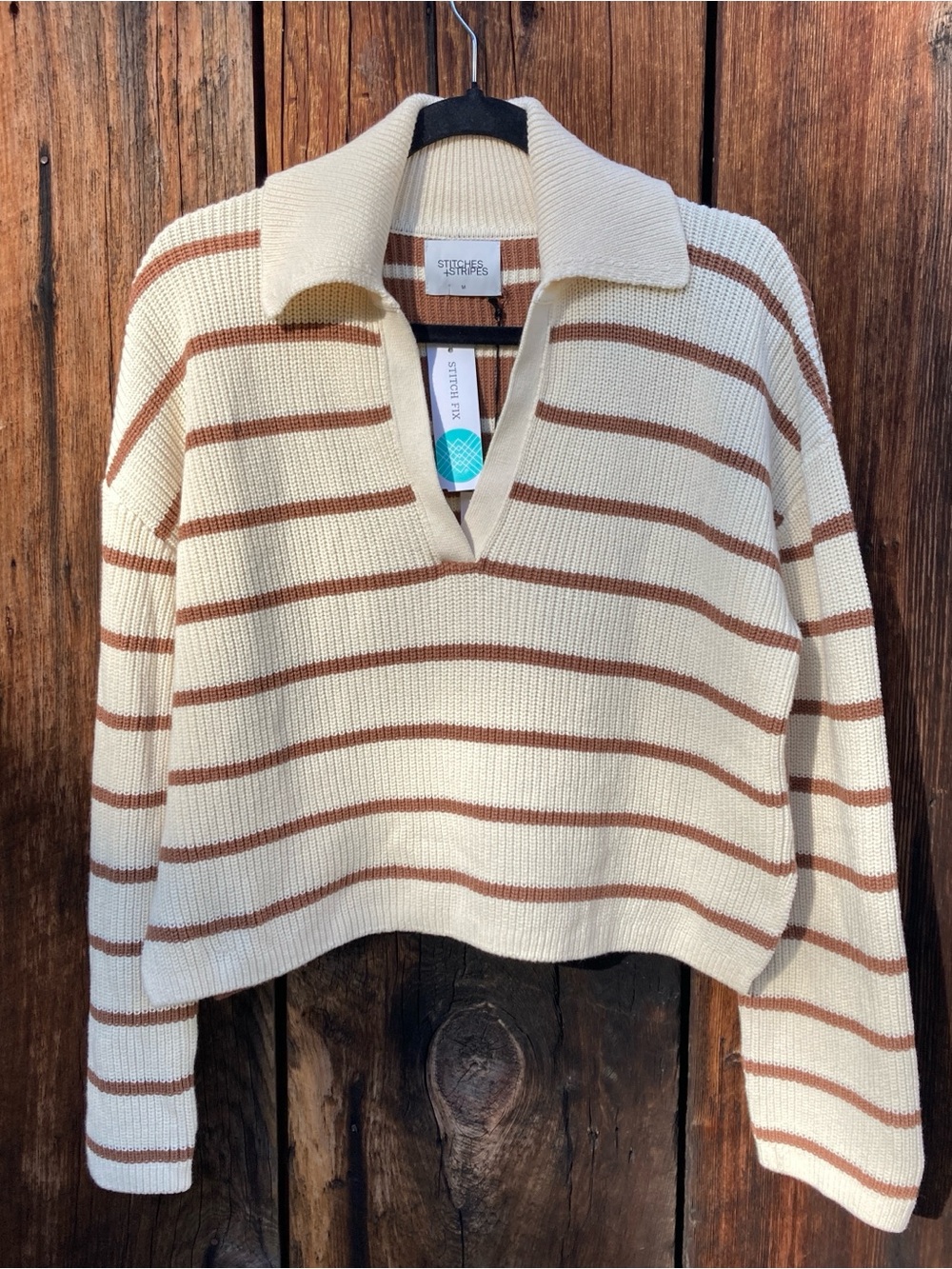 Stitches & Stripes Cream and Brown Striped Collared Sweater